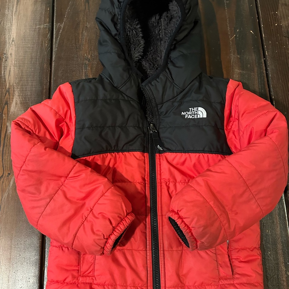 The North Face Red and Black Kids Hooded Puffer Coat